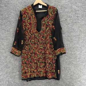 Shubham Dress Women XL Black Floral Embroidered Shift Short V-Neck Long Sleeve